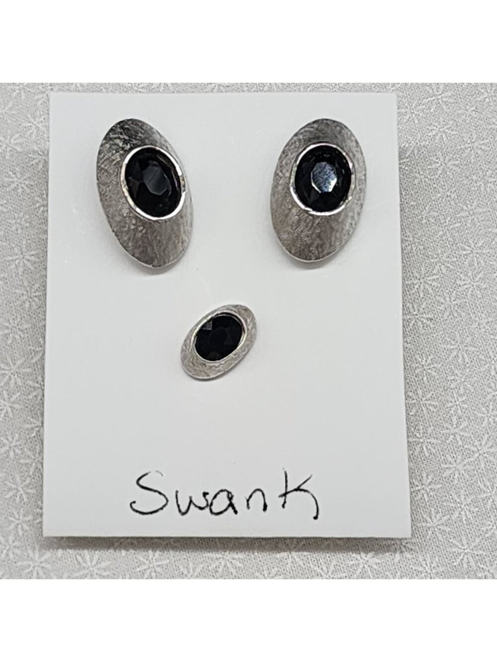 Swank Mens Silver Oval Onyx Cufflinks & Tie Tack Jewelry Set Vintage